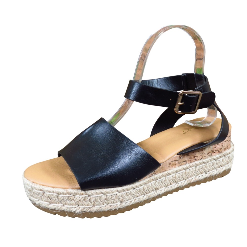 Bamboo Leading Womens Platform Wedge Espadrille Sandals Size 8.5 Summer Black